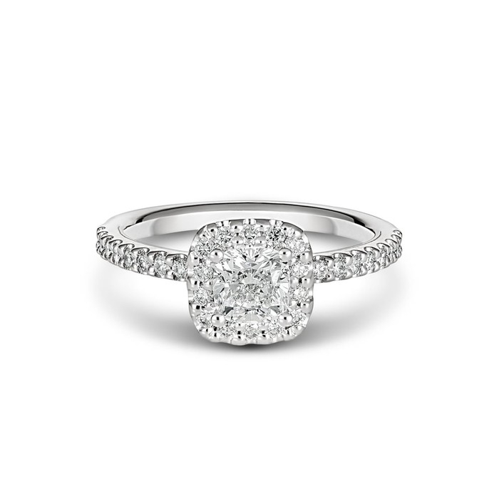 18ct White Gold Cushion Cut Diamond Halo Ring